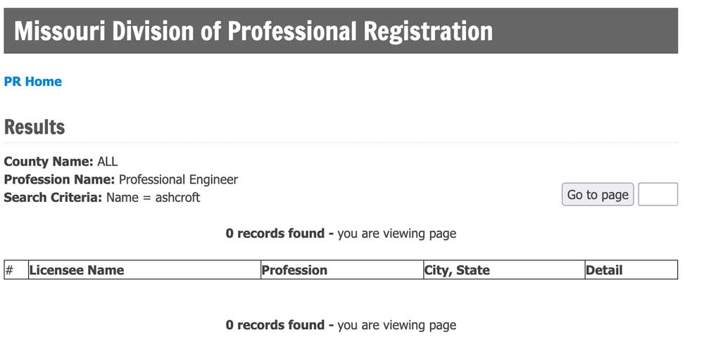 (Missouri Division Of Professional Registration, Inactive Professional Engineer License Database, Accessed 4/24/24) 